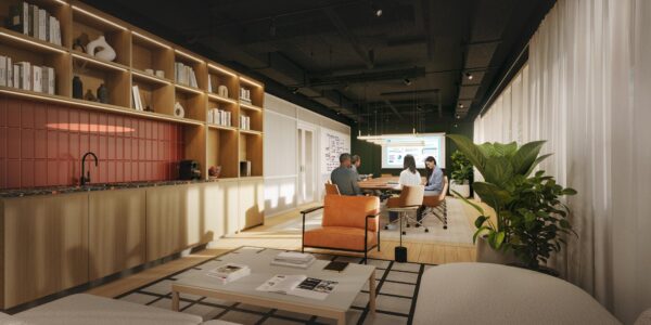 Moderne vergaderruimte aan de Marten Meesweg met een open keuken, zithoek en mensen rond een vergadertafel.